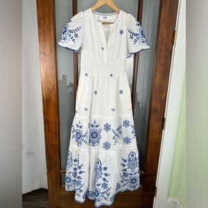 Anthropologie Somerset Maxi Dress Eyelet Edition White Blue Tiered XS *stain
